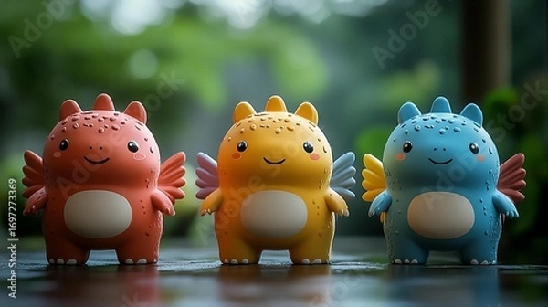 Obraz Three colorful, cute dragons stand side-by-side on a dark surface