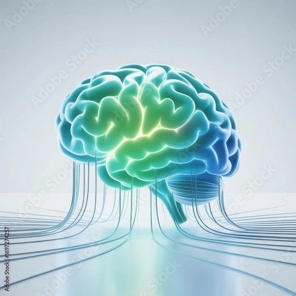 Fototapeta Vibrant human brain model with glowing neurons and data streams representing cognitive function and neural network activity