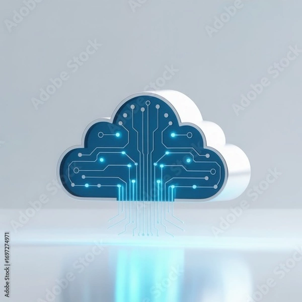 Fototapeta Futuristic 3d cloud computing icon with circuit board design representing digital data storage and connectivity