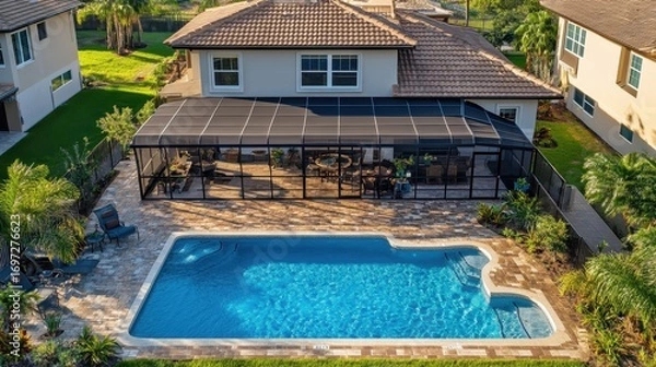 Fototapeta Aerial view of a luxurious home with screened-in pool and outdoor dining area. Showcase this property for real estate listings or architectural designs.