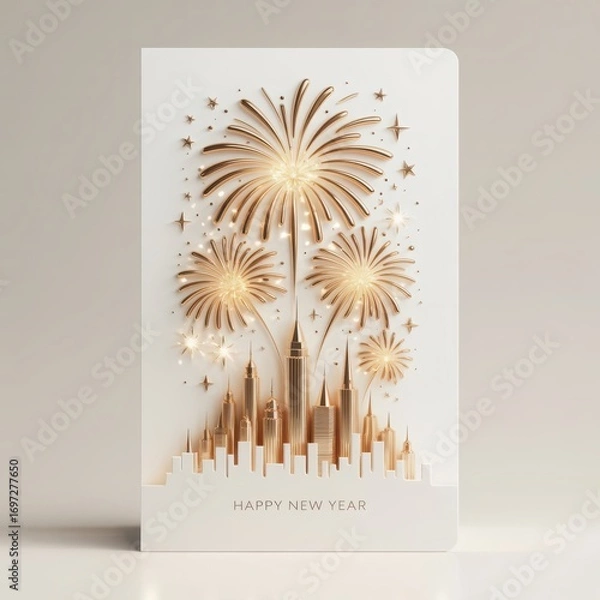 Fototapeta Golden fireworks bursting with sparkle over a cityscape silhouette celebrating festive occasions with joyful ambiance