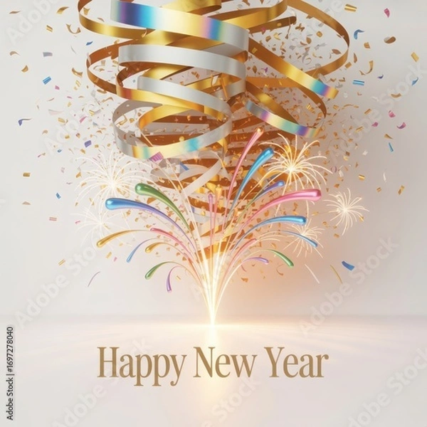 Fototapeta Festive happy new year celebration with confetti streamers and sparkles on a clean bright background