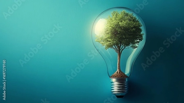 Fototapeta Tree rooted inside in bright lightbulb isolated blue background,  eco concept for energy and environmental protection