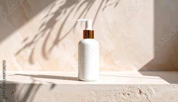 Fototapeta White Foam Pump Bottle Mockup on Beige Ledge