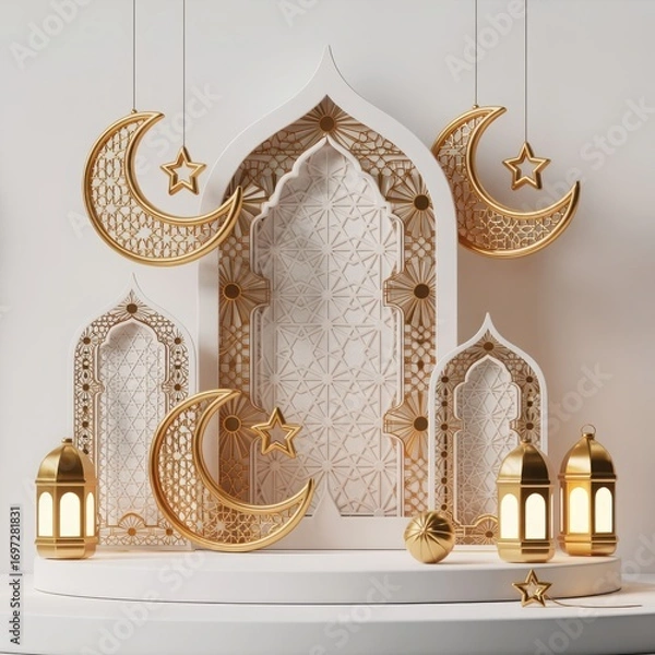 Fototapeta Ramadan kareem islamic decorative display featuring golden crescents stars lanterns and ornate arches creating a festive atmosphere for celebration