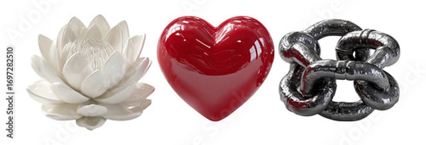 Fototapeta Elegant White Lotus, Red Heart, and Silver Chain Sculpture Arrangement