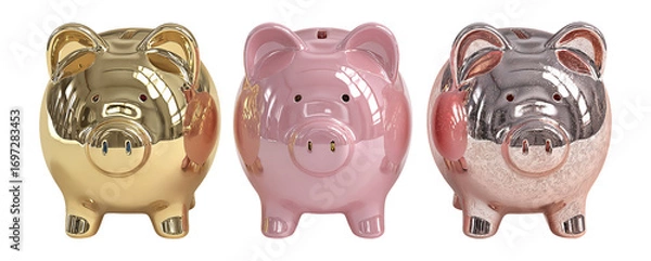 Obraz Three Colorful Piggy Banks in Gold, Pink, and Silver Glossy Finish