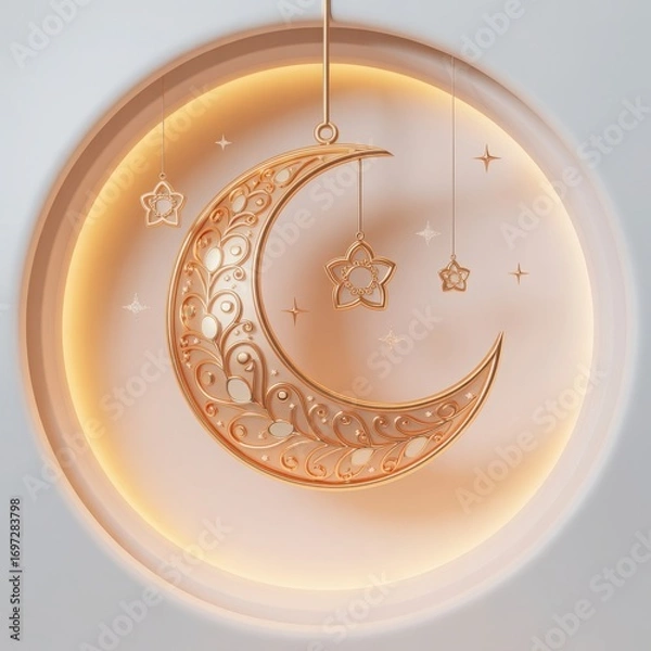 Fototapeta Magical crescent moon ornament glowing with celestial sparkle reflecting warm golden light and starry details