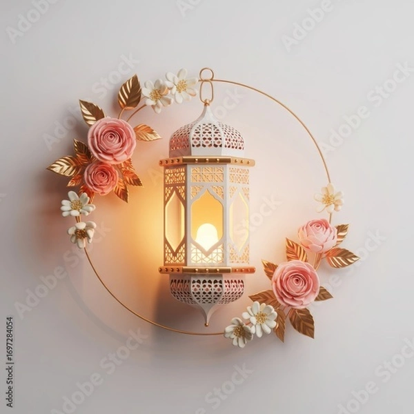 Fototapeta Elegant circular floral lantern decoration featuring soft pink and peach roses and a delicate hanging lamp