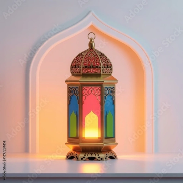Fototapeta Ornate ramadan lantern illuminated with warm glow inside a decorative archway traditional islamic festival decoration