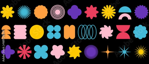Fototapeta Colorful abstract geometric shapes collection. Bright modern icons with groovy brutalist style. Playful vector elements in Swiss design aesthetic