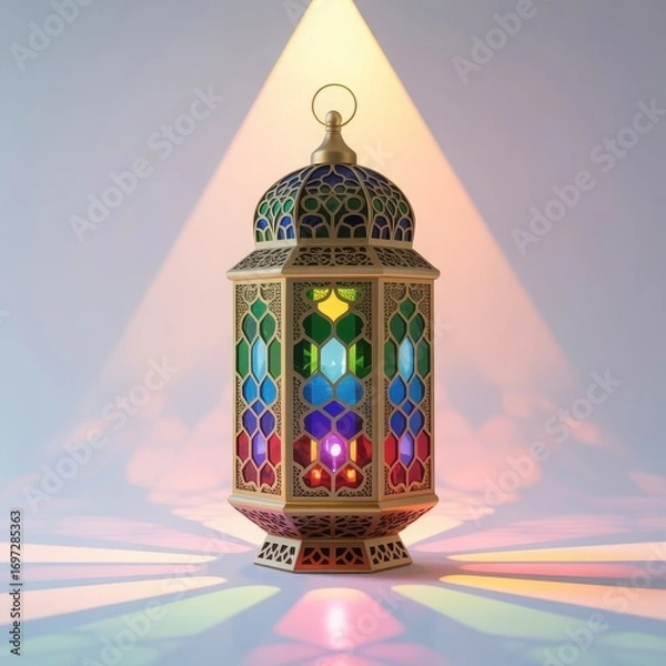 Fototapeta Ornate moroccan lantern with stained glass panels casting colorful light beams for festive ambiance and decoration