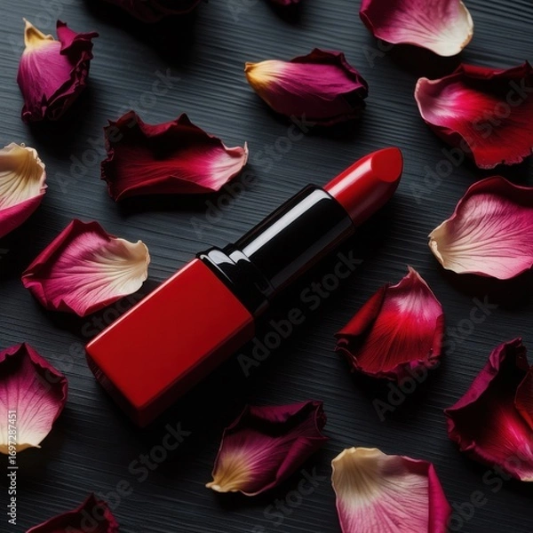 Fototapeta Luxurious red lipstick amidst deep red rose petals creating an elegant and romantic beauty composition