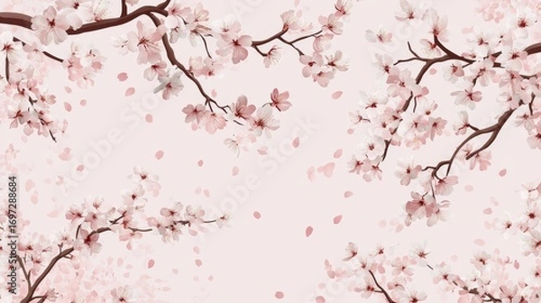 Fototapeta 82.A continuous vector pattern featuring cherry blossom branches adorned with clusters of sakura flowers in varying shades of pale pink. The petals appear to gently fall across a light pink