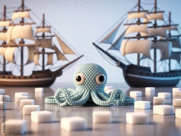 Fototapeta Whimsical octopus between two majestic sailing ships surrounded by softly lit blocks creating a dreamy fantasy nautical scene