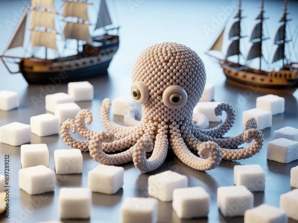 Fototapeta Whimsical 3d rendered octopus surrounded by cubes with vintage sailing ships in background captures imagination