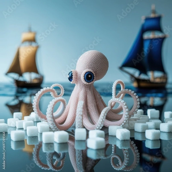 Fototapeta Whimsical miniature octopus guarding sugar cube treasure amidst nautical ship background in artistic still life photography
