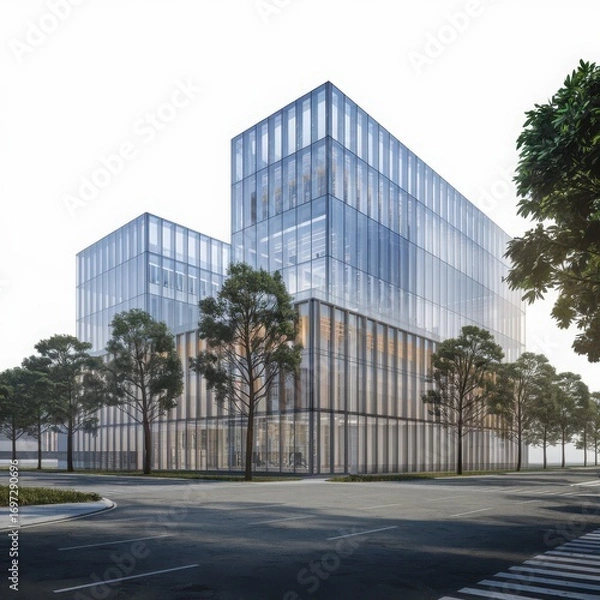 Fototapeta Modern glass office buildings with lush green trees and urban streetscape design architectural rendering architectural exterior view