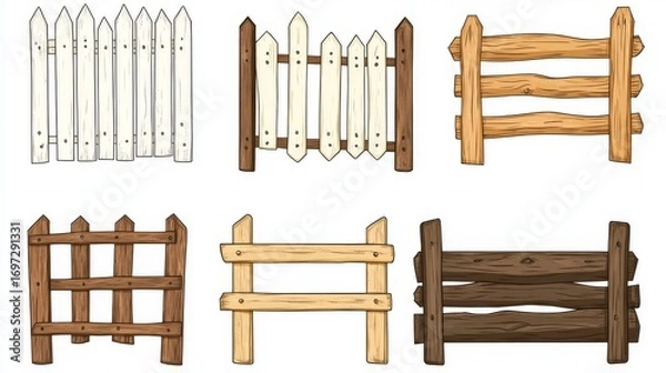 Obraz 61.A playful cartoon illustration featuring a variety of wooden fences in different styles, including classic white picket, rustic post-and-rail, and solid paneled sections. Each fence is drawn in a