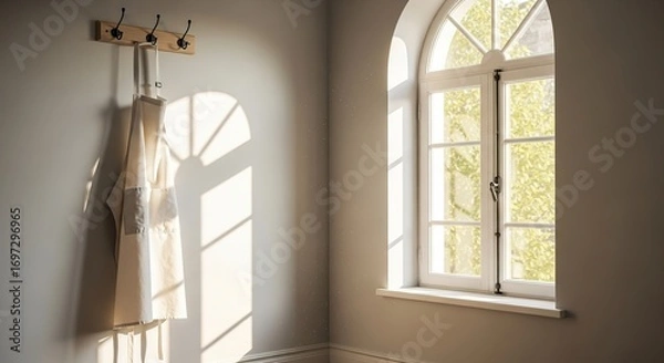 Fototapeta Sunlit Apron Hanging by Arched Window, Dust Motes Dancing in the