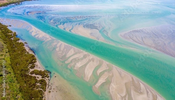 Obraz Aerial View of a Serene Estuary with Tidal Feathers and Plumes