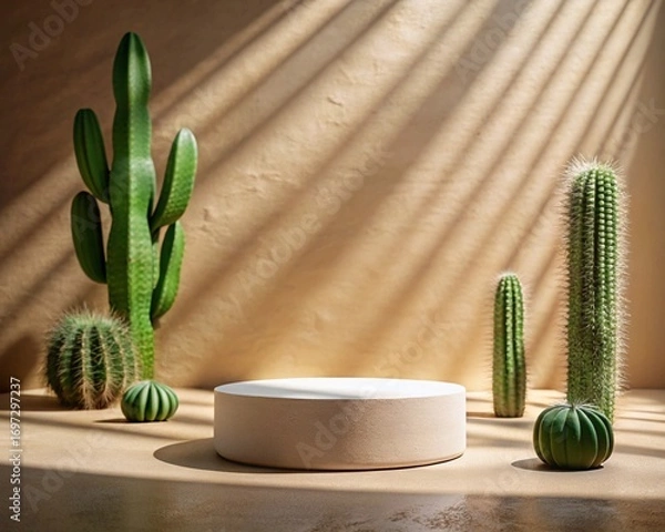 Fototapeta Stone podium with desert sand background and cactus shadows
