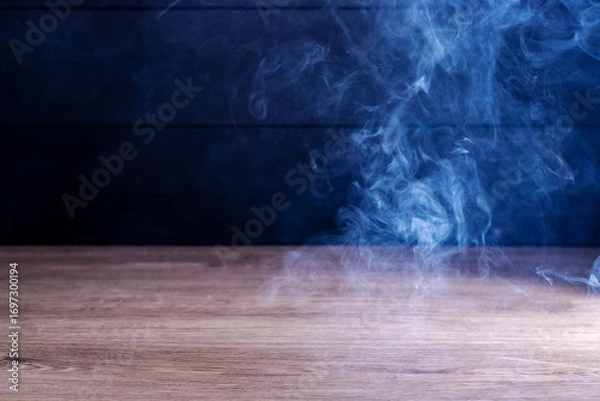 Fototapeta Wooden floor in night atmosphere, dark background and fog, light reflection on the floor, suitable for creating background images.