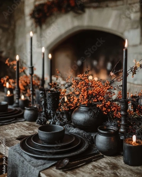 Obraz Dark Moody Table Setting for Halloween Dinner, dramatic gothic feast arrangement with matte black ceramic tableware, tall taper candles, dried autumn berry centerpiece, and stone fireplace background