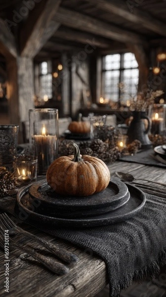 Obraz Dark Moody Table Setting for Halloween Dinner, rustic wooden dining table styled with pumpkin centerpiece, layered vintage plates, dark linen textiles, and glowing candlelight, creating cozy gothic