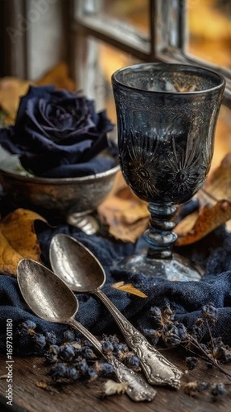 Obraz Dark Moody Table Setting for Halloween Dinner, gothic still life of vintage silver spoons, antique glass goblet, black rose, and autumn leaves styled on rustic window table with deep navy fabric