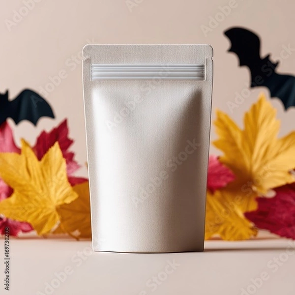 Obraz Halloween Packaging Design Mockup, matte white zip pouch placed upright in clean soft-toned background with decorative paper bats and autumn leaves showcasing festive seasonal branding snack packaging