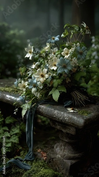 Obraz Subtle Haunted Vibes Before Halloween Night, overgrown floral bouquet with soft ribbon resting on moss-covered stone bench in misty forest, evoking solemn remembrance, ghostly seasonal stillness