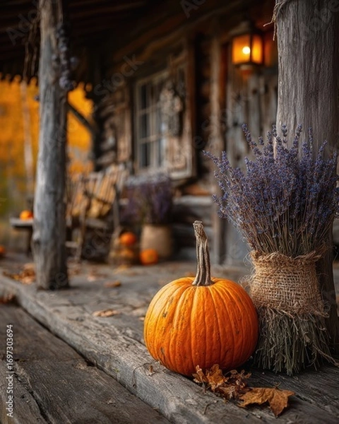 Obraz Subtle Haunted Vibes Before Halloween Night, rustic cabin porch with pumpkin and lavender bundle on weathered wooden steps, evoking seasonal stillness, golden twilight warmth, and subtle eerie