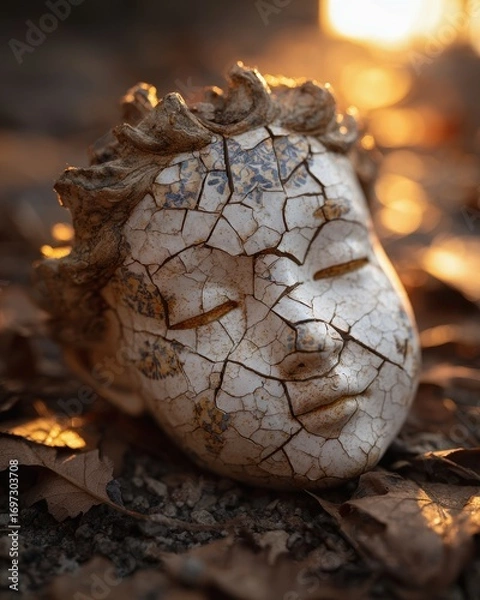 Obraz Subtle Haunted Vibes Before Halloween Night, cracked ceramic statue head resting on forest floor with dry autumn leaves, symbolic decay and melancholic stillness captured in soft candlelight