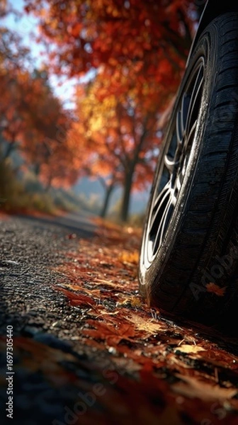 Obraz Leaf Peeping & Scenic Drives, close-up of car tire on scenic forest road with red autumn leaves, highlighting seasonal mobility, rural infrastructure resilience, and immersive travel preparation