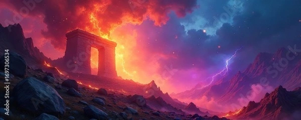 Fototapeta Ethereal flames dance across a mystical landscape, an otherworldly blaze consuming ancient runes  The vibrant hues suggest a potent, magical energy source ,  smoke,  ethereal,  sorcery