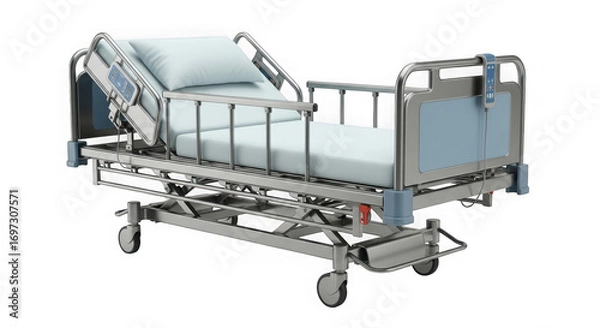 Obraz Adjustable hospital bed with side rails and wheels for patient care and comfort in medical settings transparent background