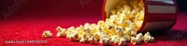 Fototapeta Close-up shot of movie tickets, stubs, and popcorn spilling from a bucket onto a red carpet, ready for a night at the cinema , box office, showtime, screens