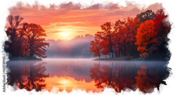 Fototapeta Autumn Sunrise Over Misty Lake with Red Trees Reflection
