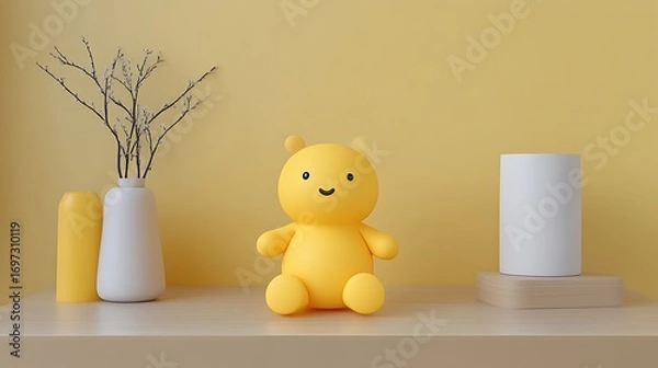 Obraz A yellow teddy bear sits on a light beige shelf.  A minimalist still life with a yellow bear toy, simple vases,  and branches in a warm yellow-beige room