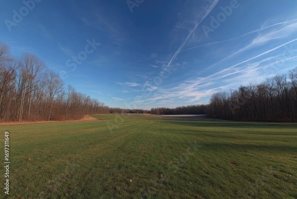 Fototapeta Wide shot of a grassy field stretching between wooded areas under a clear blue sky