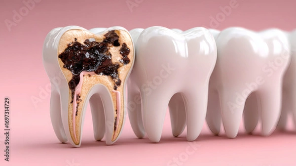 Fototapeta 3D Illustration of Molar Teeth Damaged by Caries, Showing Cavities and Decay Progression