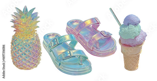 Fototapeta Colorful Iridescent Fruit and Footwear with Ice Cream Cone Element