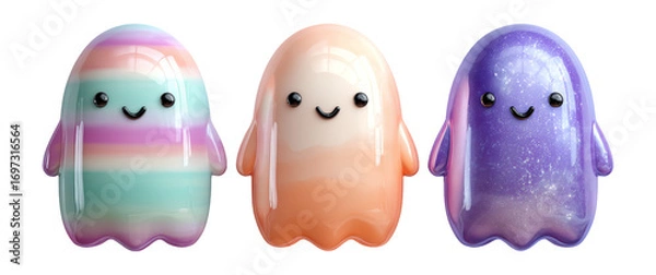 Fototapeta Cute Colorful Ghost Characters with Smiling Faces and Glossy Finish