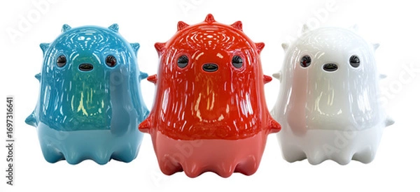 Fototapeta Colorful Cute Monsters in Blue, Red, and White with Spikey Features