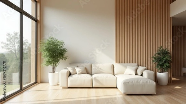 Fototapeta Spacious modern living room with a comfortable white sofa and large panoramic window.