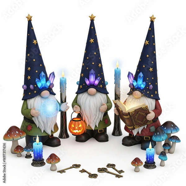 Fototapeta Three illuminated halloween gnomes with glowing hats and decorative elements