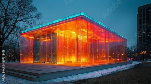 Fototapeta Illuminated glass pavilion at twilight, glowing amber and teal