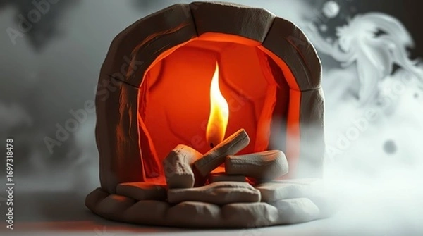 Obraz Miniature Fireplace with Warm Flame.