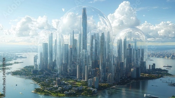Fototapeta Futuristic island city enclosed in transparent domes